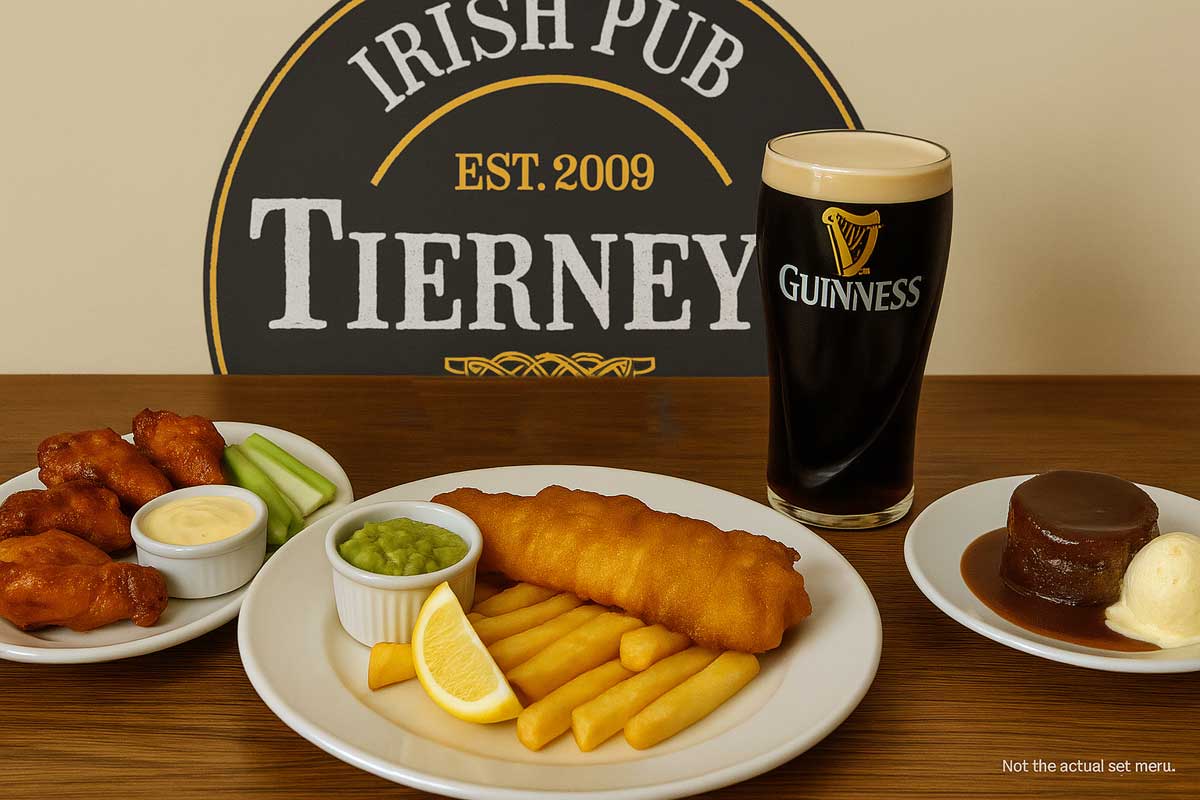 Set menu Haarlem at Tierney’s Irish Pub – three-course meal with buffalo chicken wings starter, fish and chips with mushy peas and tartar sauce for the main, sticky toffee pudding for dessert, and a pint of Guinness, shown on a wooden table with the pub logo in the background.
